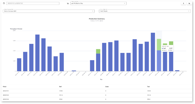 Production summary report showing daily and shift tonnage totals